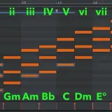 Sequenza di accordi in una DAW, con note arancioni che rappresentano le note dei singoli accordi e numeri romani che indicano le progressioni.