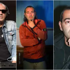 Tre immagini di un uomo con occhiali da sole e cuffie, con una giacca arancione e poi in primo piano. Sembra cantare una canzone mare mare.