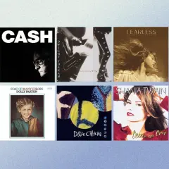 Copertine di canzoni country famose: Johnny Cash, Dolly Parton, Taylor Swift, Dixie Chicks, Hank Williams, Shania Twain, Willie Nelson.