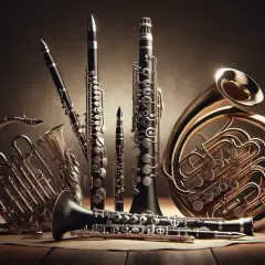 Un'orchestra di strumenti a fiato: clarinetti di varie dimensioni, corni francesi lucenti e un fagotto creano un'armonia visiva.