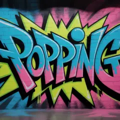 Graffiti colorato con la scritta "POPPING" in stile esplosivo, che evoca l'energia dei pop danza.