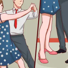 Coppia che balla, lei con abito a pois blu, lui con camicia bianca e cravatta rossa. I loro piedi eseguono eleganti passi di samba.