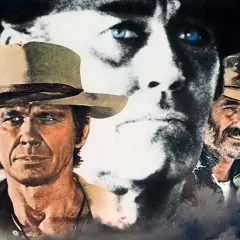 Volti di un western epico, con un uomo dallo sguardo intenso, una donna misteriosa e un anziano barbuto. Evoca le canzoni western famose.