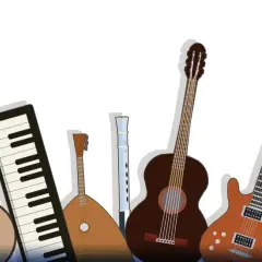 Una varietà di strumenti musicali, tra cui chitarre, tastiere e violini, perfetti per chi cerca strumenti facili da suonare.