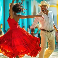 Coppia che balla con gioia, la donna in un abito rosso svolazzante, l'uomo con cappello. Ritmo e passione nei balli cubani.