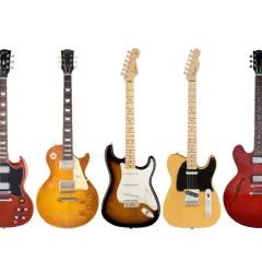 Seven iconic electric guitars in various colors and styles, lined up against a white background.