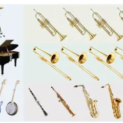Una collezione di strumenti musicali, tra cui trombe, tromboni, sassofoni, clarinetto, pianoforte, contrabbasso, chitarra e banjo, perfetti per creare musica jazz.