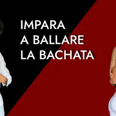 Impara a ballare la bachata con questa coppia. Un uomo in bianco a sinistra, una coppia in abbraccio a destra.