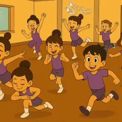 Bambini felici in un corso di danza per bambini, con braccia e gambe in movimento, sorrisi gioiosi e un'energia contagiosa.
