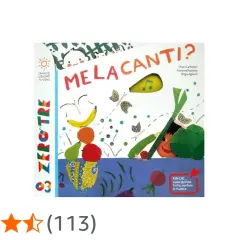 Copertina colorata di "Melacanti?", un libro con frutta, verdura e note musicali, perfetto per chi ama le canzoni orecchiabili e la natura.