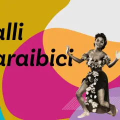 A woman in a floral top and skirt dances on a colorful background with text "Baili Caraibici".