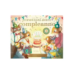 A family of mice celebrates a birthday with a cake, gifts, and party hats.