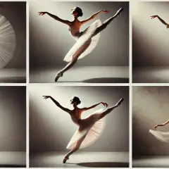 Sei ballerine in pose eleganti, che eseguono passi di danza famosi con grazia e leggerezza.