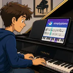 Ragazzo impara a suonare il pianoforte con un'app. Nonostante la difficoltà, la musica è la voce dell'anima.