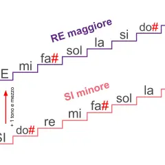 Scale musicali di Re maggiore e Si minore, con note e diesis. La scala di Re maggiore presenta due diesis.