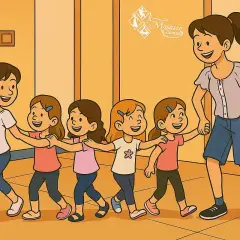 Un gruppo di bambine felici, guidate da una maestra, si esercita nella danza hip hop in una sala luminosa.