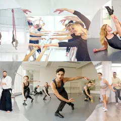 Un collage di immagini mostra diverse discipline: danza aerea, balletto, arti marziali e danza moderna. Perfetto per chi cerca corsi di ballo per adulti.