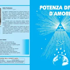 Immagine con testo "Potenza Divina d'Amore" e un disegno stilizzato. Il testo parla di dialoghi spirituali, come canzoni in 5/4, che portano alla grandezza dello Spirito Santo.
