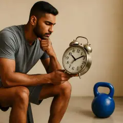 Uomo pensieroso guarda un orologio, forse chiedendosi qual è lo strumento più difficile da suonare: il tempo o la disciplina.