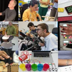 Collage di persone che utilizzano strumenti musicali adattati, dimostrando come la tecnologia possa creare strumenti musicali per disabili accessibili e inclusivi.