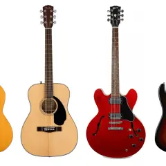 Quattro diversi tipi di chitarre: classica, acustica, semi-hollow body rossa e elettrica sunburst.