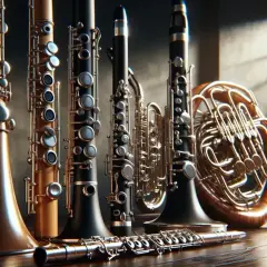 A collection of woodwind instruments, including clarinets, flutes, and a French horn, arranged on a wooden surface.