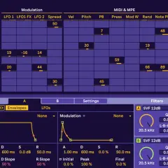 Interfaccia di un sintetizzatore con parametri di modulazione e filtri. Si percepisce il "groove" nella disposizione dei controlli e nelle curve di inviluppo.