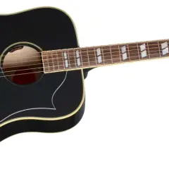 Chitarra acustica Gibson nera, con finiture dorate e intarsi a forma di diamante sul manico. Potrebbe essere la chitarra di Elvis.