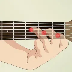 Mano che preme le corde su una chitarra, mostrando una posizione per un accordo.