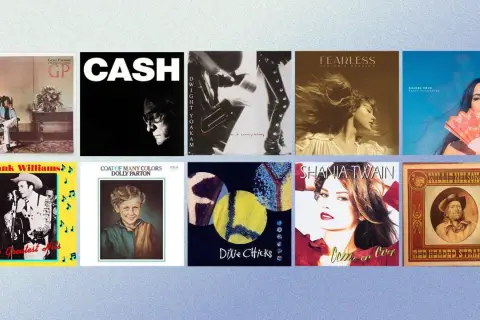 Copertine di canzoni country famose: Johnny Cash, Dolly Parton, Taylor Swift, Dixie Chicks, Hank Williams, Shania Twain, Willie Nelson.