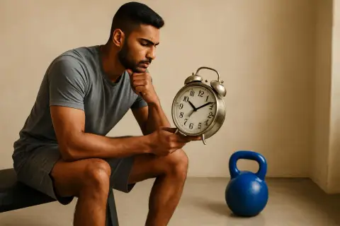 Uomo pensieroso guarda un orologio, forse chiedendosi qual è lo strumento più difficile da suonare: il tempo o la disciplina.