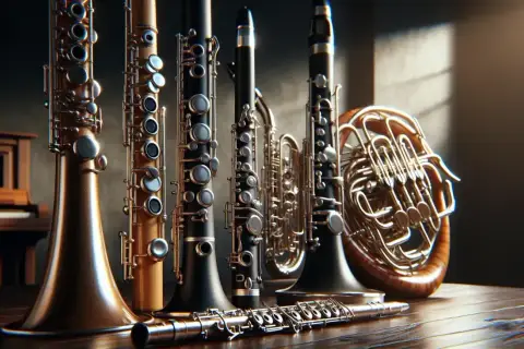 A collection of woodwind instruments, including clarinets, flutes, and a French horn, arranged on a wooden surface.