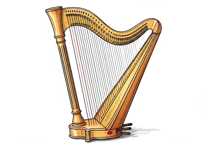 Arpa dorata, strumento musicale con molte corde. Il suo suono evoca pace e serenità, un vero **harp significato** di armonia.