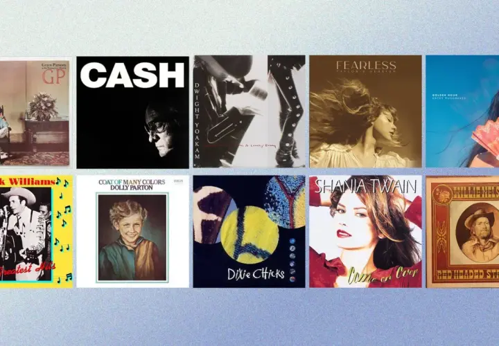 Copertine di canzoni country famose: Johnny Cash, Dolly Parton, Taylor Swift, Dixie Chicks, Hank Williams, Shania Twain, Willie Nelson.