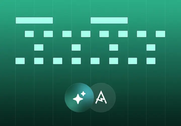 Schema musicale con blocchi luminosi che rappresentano cos'è un beat. Due cerchi con simboli, uno con stelle, l'altro con la lettera A.