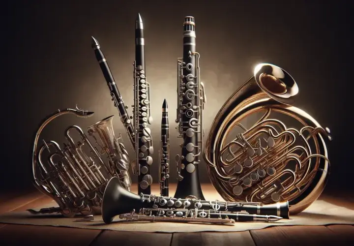 Un'orchestra di strumenti a fiato: clarinetti di varie dimensioni, corni francesi lucenti e un fagotto creano un'armonia visiva.