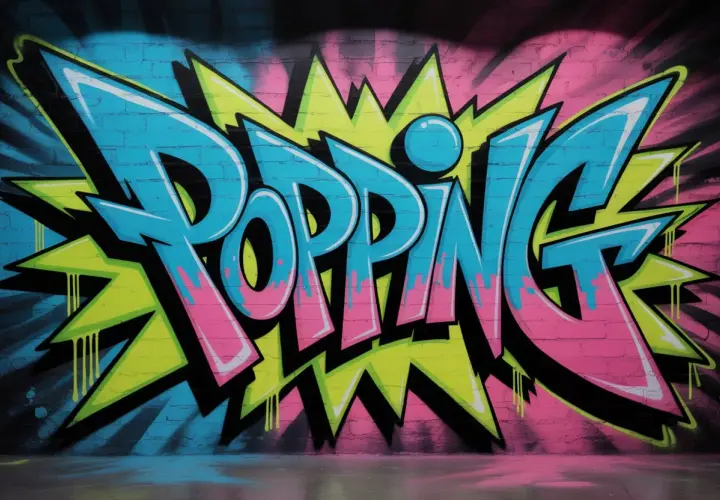 Graffiti colorato con la scritta "POPPING" in stile esplosivo, che evoca l'energia dei pop danza.