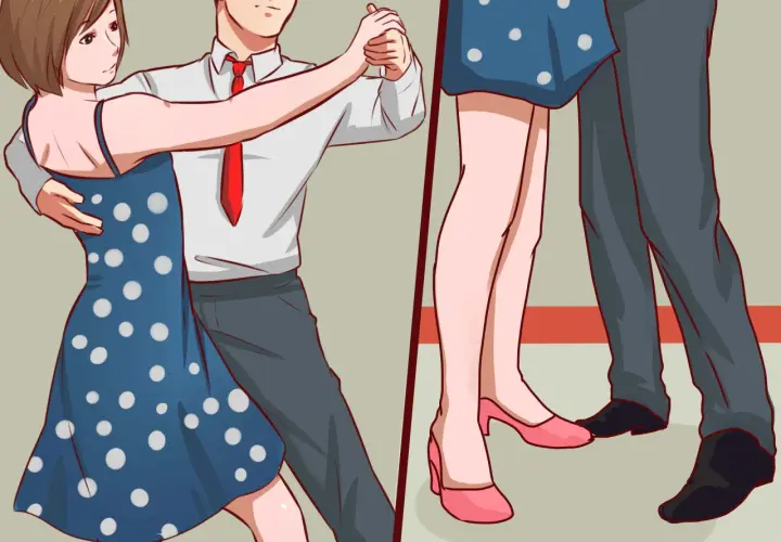 Coppia che balla, lei con abito a pois blu, lui con camicia bianca e cravatta rossa. I loro piedi eseguono eleganti passi di samba.