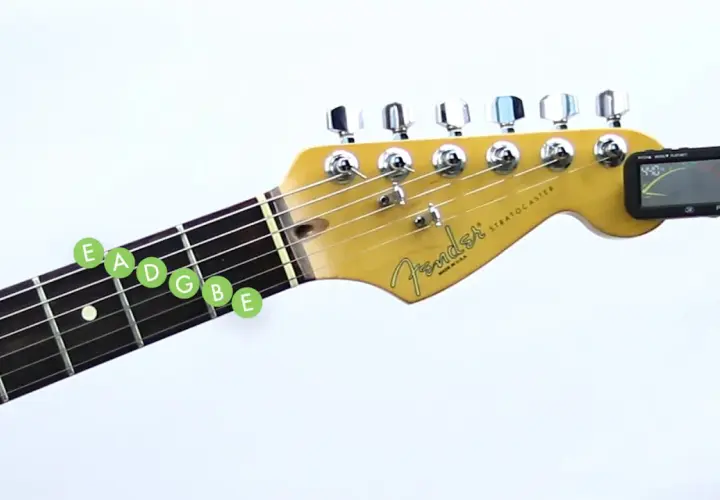 Accordatura chitarra: le note E, A, D, G, B, E evidenziate sul manico, con accordatore elettronico agganciato alla paletta.
