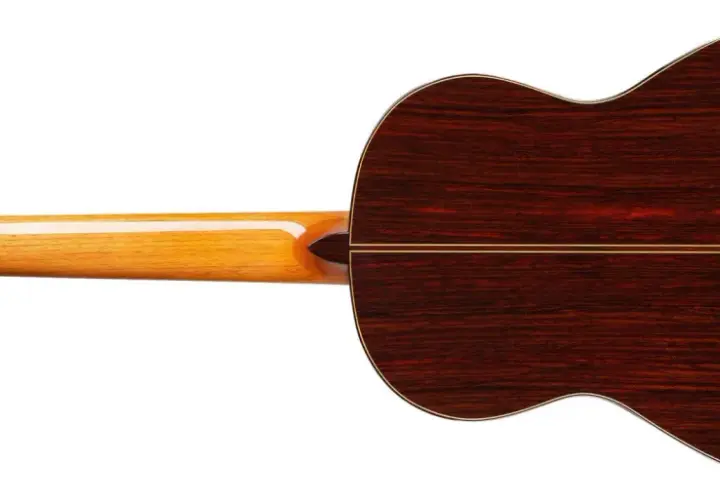 Retro chitarra classica con fondo in palissandro e manico in acero lucido, un capolavoro di liuteria, forse una Jose Ramirez.