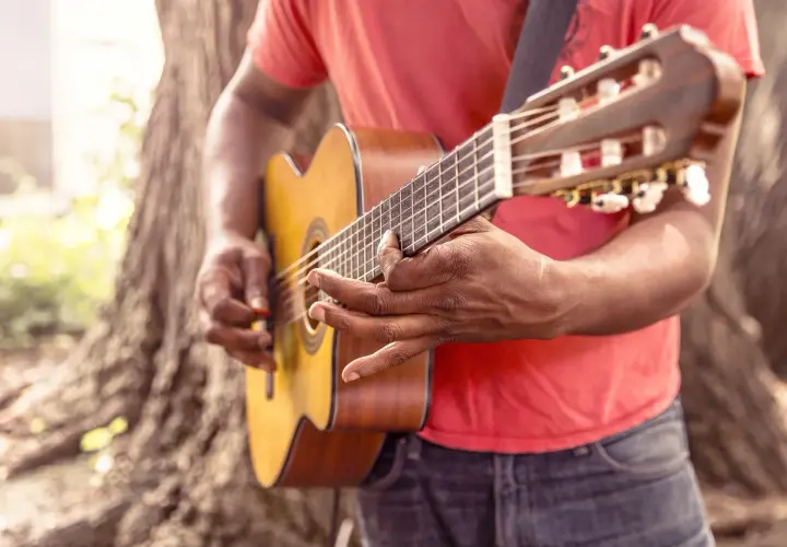 Uomo suona la chitarra acustica, ideale per imparare canzoni in inglese facili da cantare.