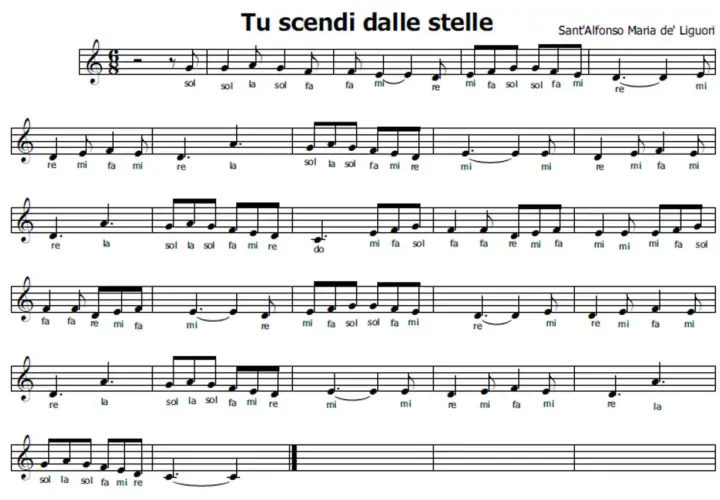 Spartito musicale di "Tu scendi dalle stelle", ideale per imparare canzoni semplici al piano. Note e testo facilitano l'apprendimento.