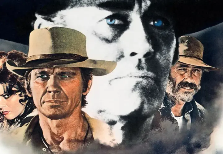 Volti di un western epico, con un uomo dallo sguardo intenso, una donna misteriosa e un anziano barbuto. Evoca le canzoni western famose.
