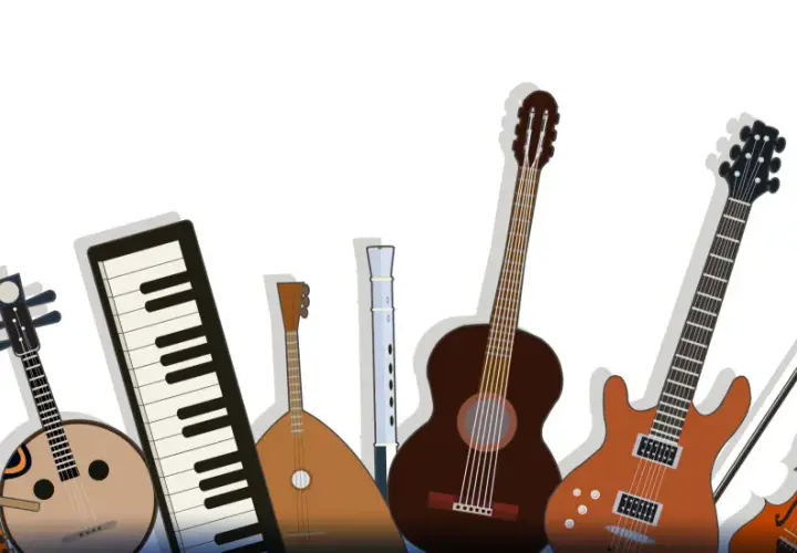 Una varietà di strumenti musicali, tra cui chitarre, tastiere e violini, perfetti per chi cerca strumenti facili da suonare.