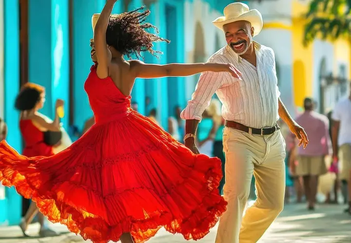 Coppia che balla con gioia, la donna in un abito rosso svolazzante, l'uomo con cappello. Ritmo e passione nei balli cubani.