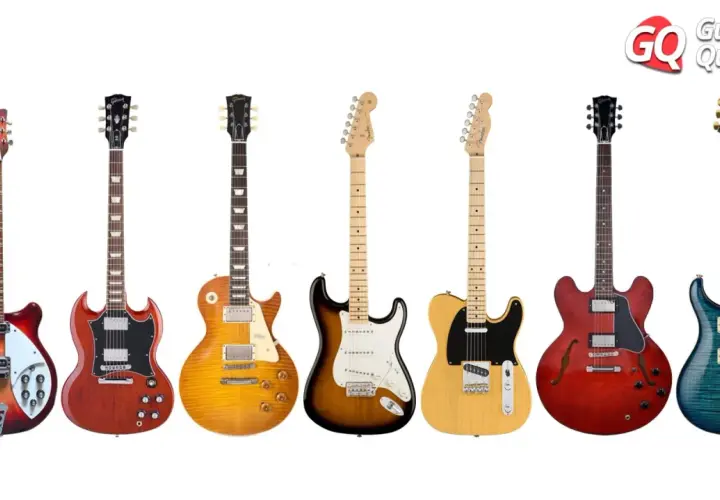 Seven iconic electric guitars in various colors and styles, lined up against a white background.