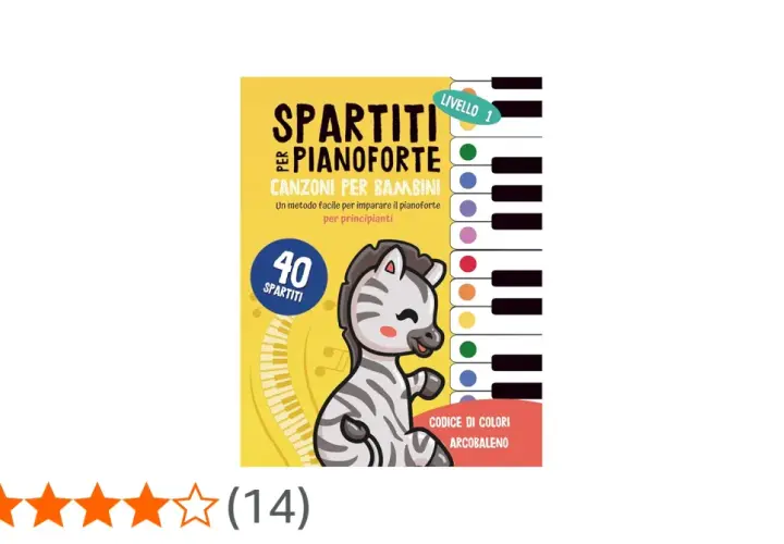 Spartiti per pianoforte con canzoni per bambini, un metodo facile con note musicali colorate e una simpatica zebra. Livello 1.