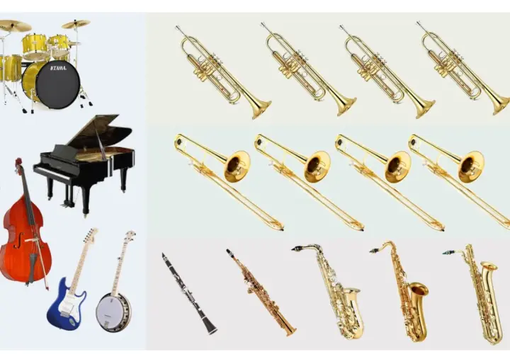 Una collezione di strumenti musicali, tra cui trombe, tromboni, sassofoni, clarinetto, pianoforte, contrabbasso, chitarra e banjo, perfetti per creare musica jazz.