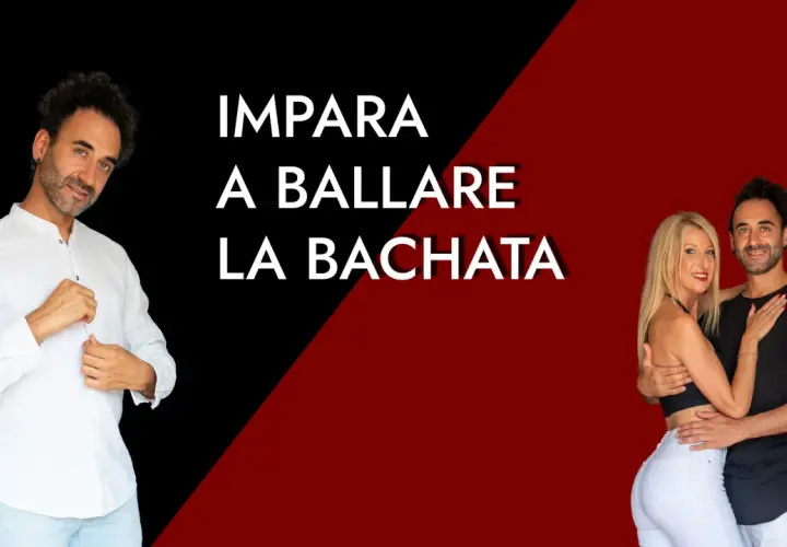 Impara a ballare la bachata con questa coppia. Un uomo in bianco a sinistra, una coppia in abbraccio a destra.