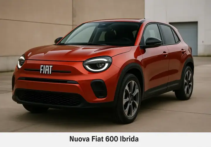 Nuova Fiat 600 Ibrida, un'auto **modern contemporary** dal design audace e accattivante, con linee fluide e un colore arancio vibrante.